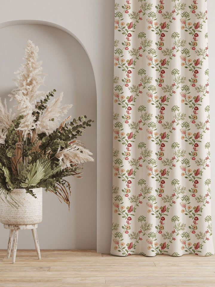 URBAN SPACE Pack of 2 White & Red Floral Printed Room Darkening Long Door Curtain