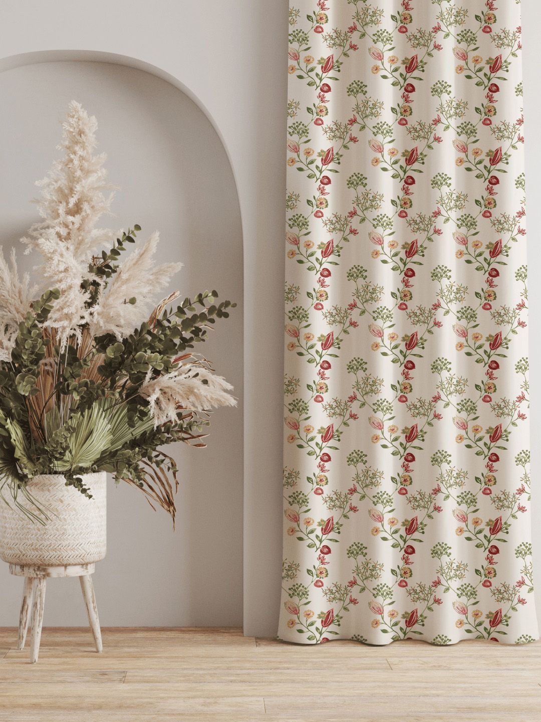 URBAN SPACE Pack of 2 White & Red Floral Printed Room Darkening Long Door Curtain