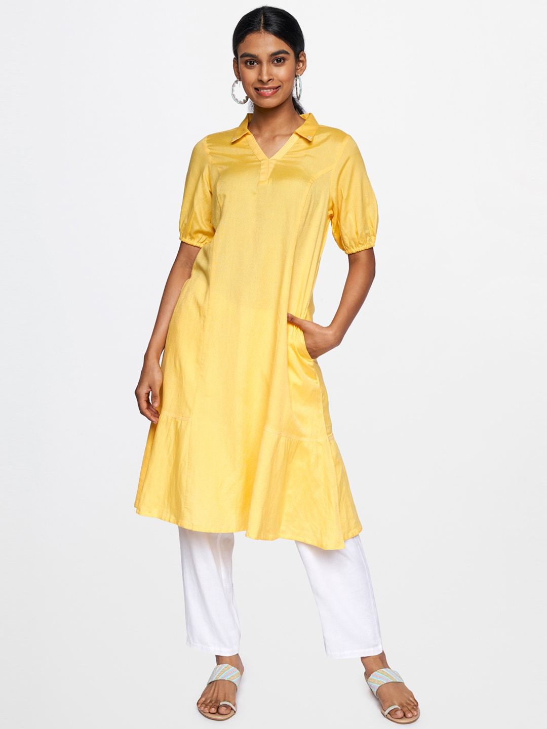 Global Desi Women Yellow Solid A-Line Kurta