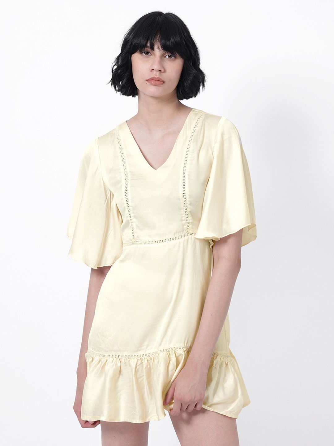 RAREISM V-Neck Flared Sleeves Cotton A-Line Mini Dress