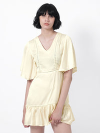 RAREISM V-Neck Flared Sleeves Cotton A-Line Mini Dress