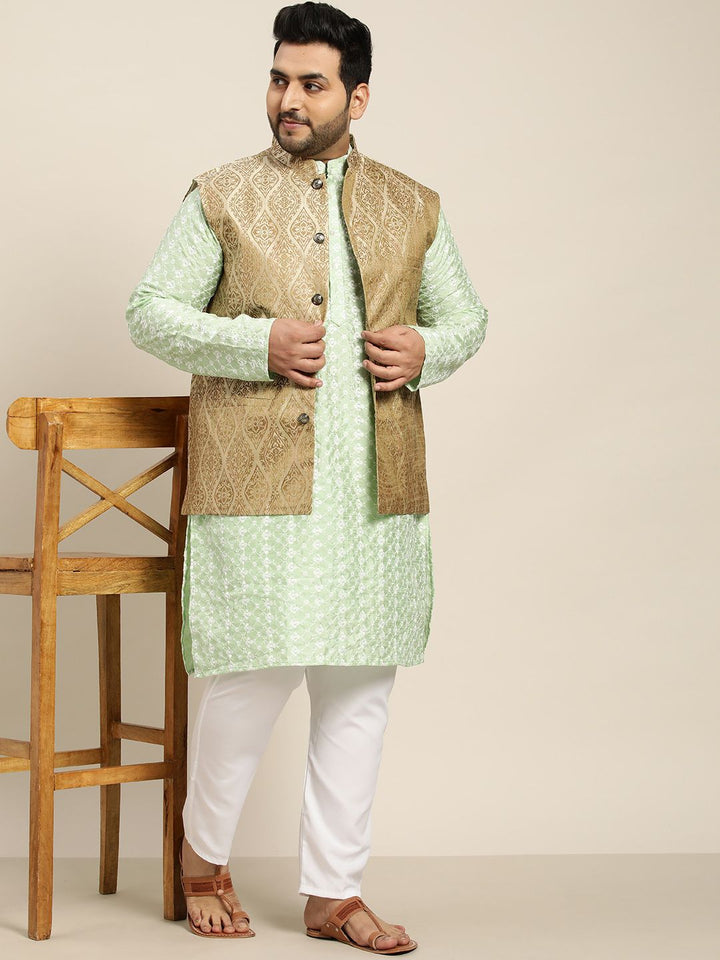 SOJANYA PLUS Men Sea Green Embroidered Kurta with Churidar Comes with a Nehru Jacket