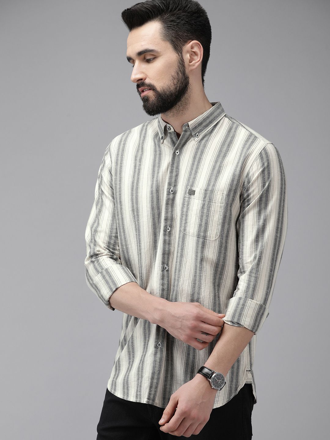 THE BEAR HOUSE Men Beige & Grey Slim Fit Striped Cotton Casual Shirt