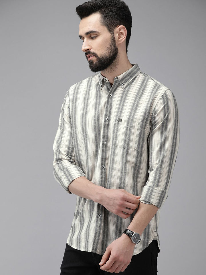 THE BEAR HOUSE Men Beige & Grey Slim Fit Striped Cotton Casual Shirt