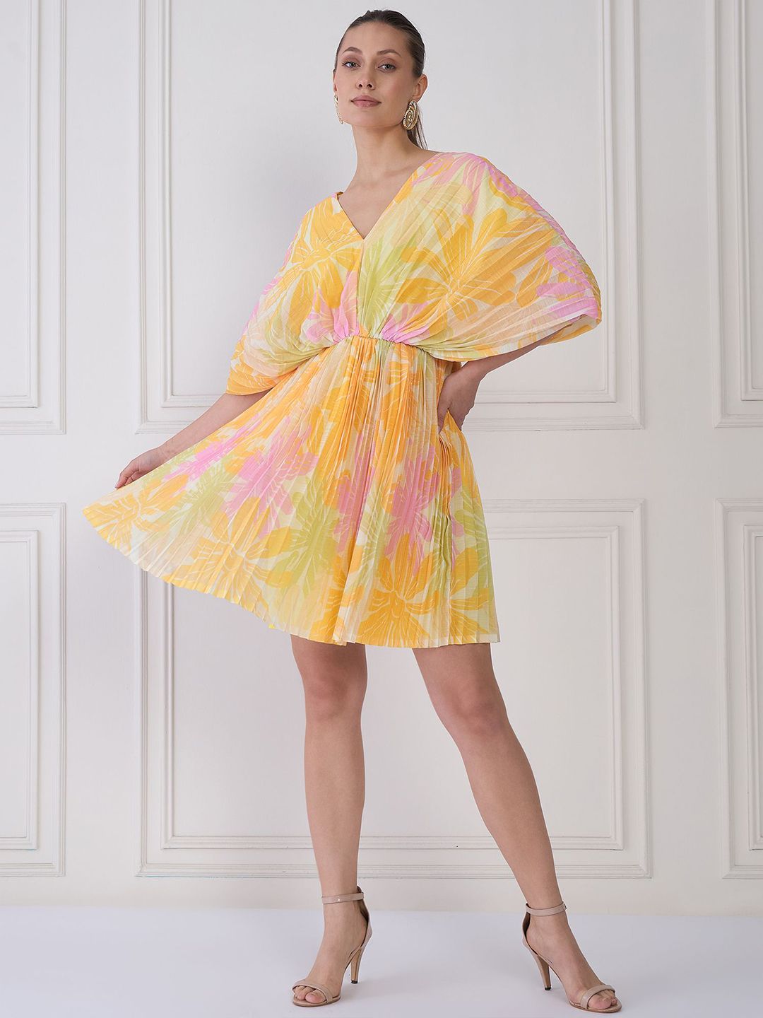Antheaa Yellow & Pink Floral Print V-Neck Extended Sleeves Chiffon Fit & Flare Dress