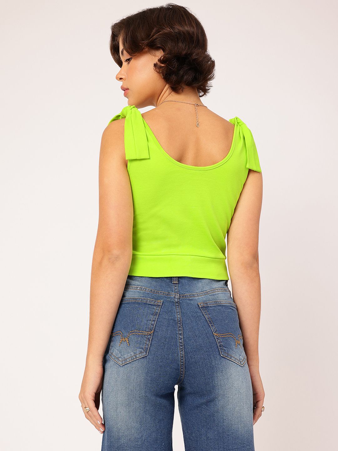 DressBerry Cyber Lime Tie-Up Straps Fitted Crop Top