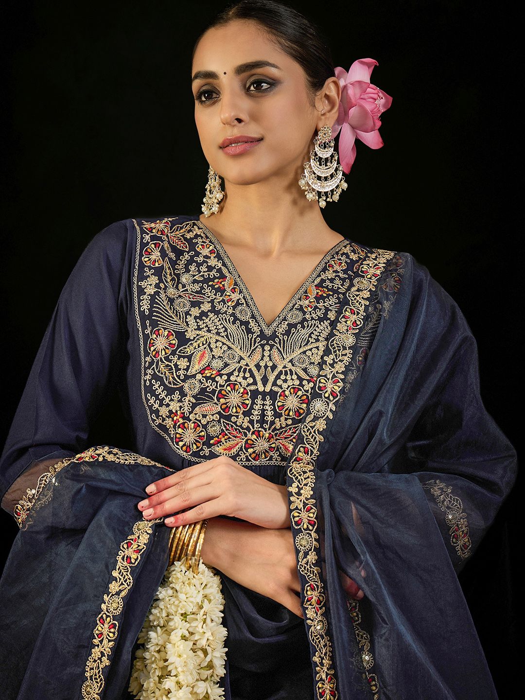 Indo Era Floral Embroidered Empire Liva Kurta with Trousers & Dupatta