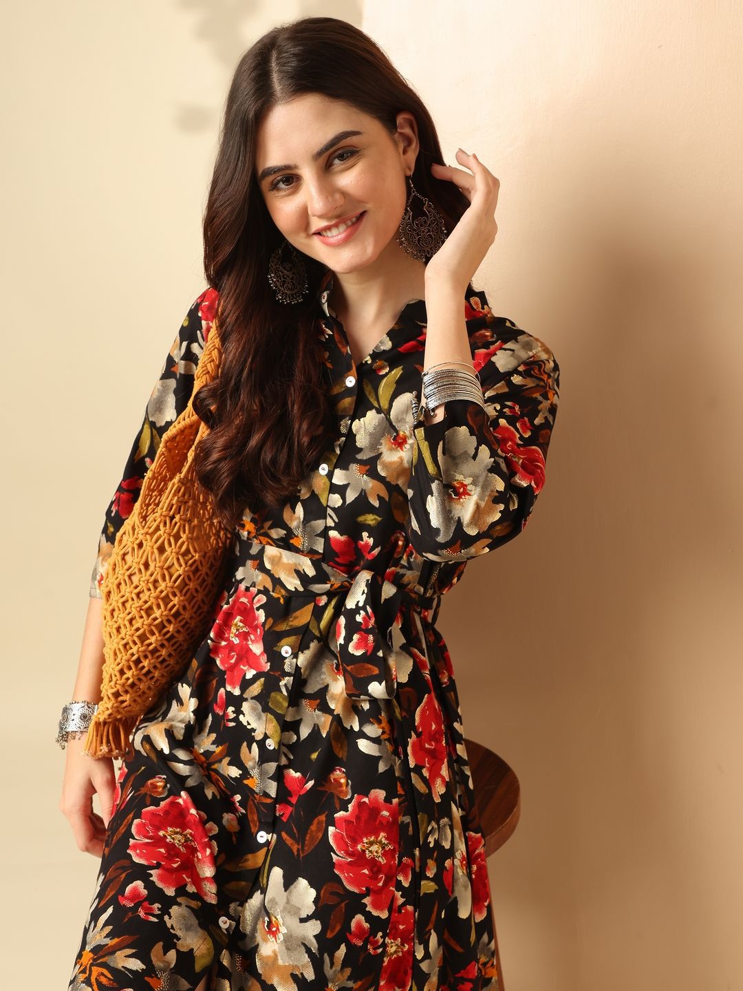 Anouk Brown Floral Printed Mandarin Collar Shirt Dress