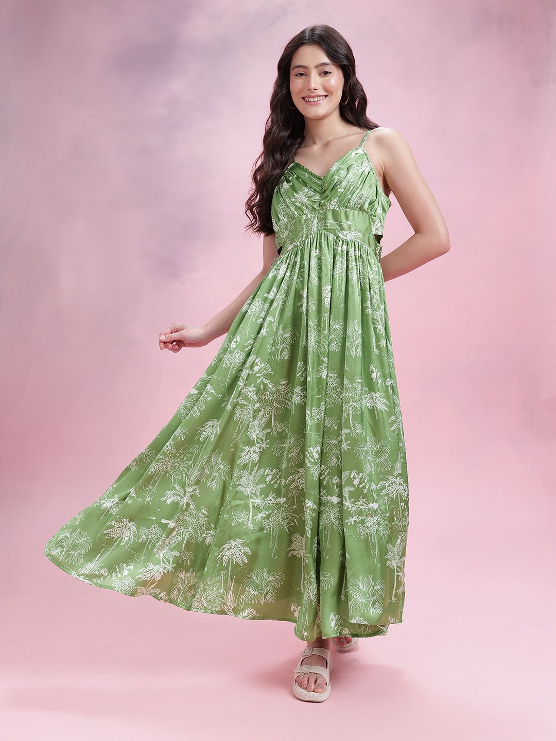 DressBerry Tropical Print Shoulder Straps Pleated Maxi Dress with Cut-Out Detail