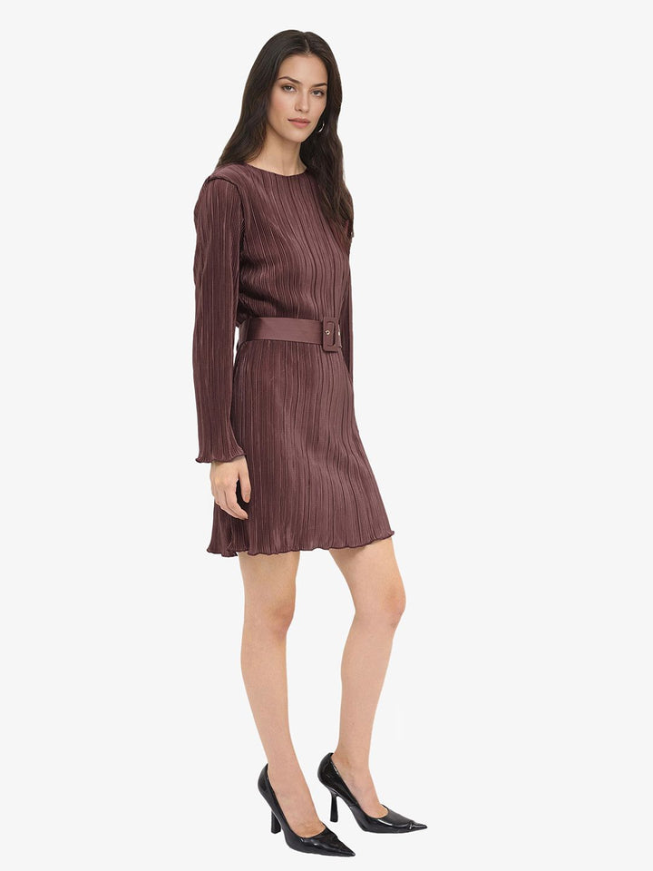 RAREISM Brown Self Design Long Sleeves A-Line Dress