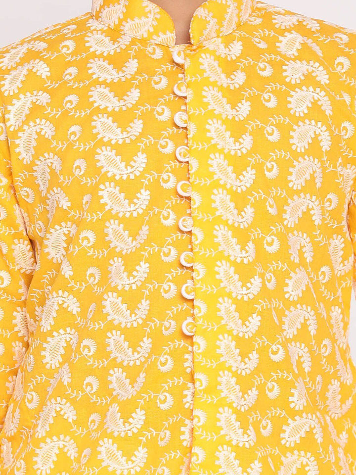 VASTRAMAY Boys Yellow & White Embroidered Chikankari Pure Cotton Kurta with Pyjamas