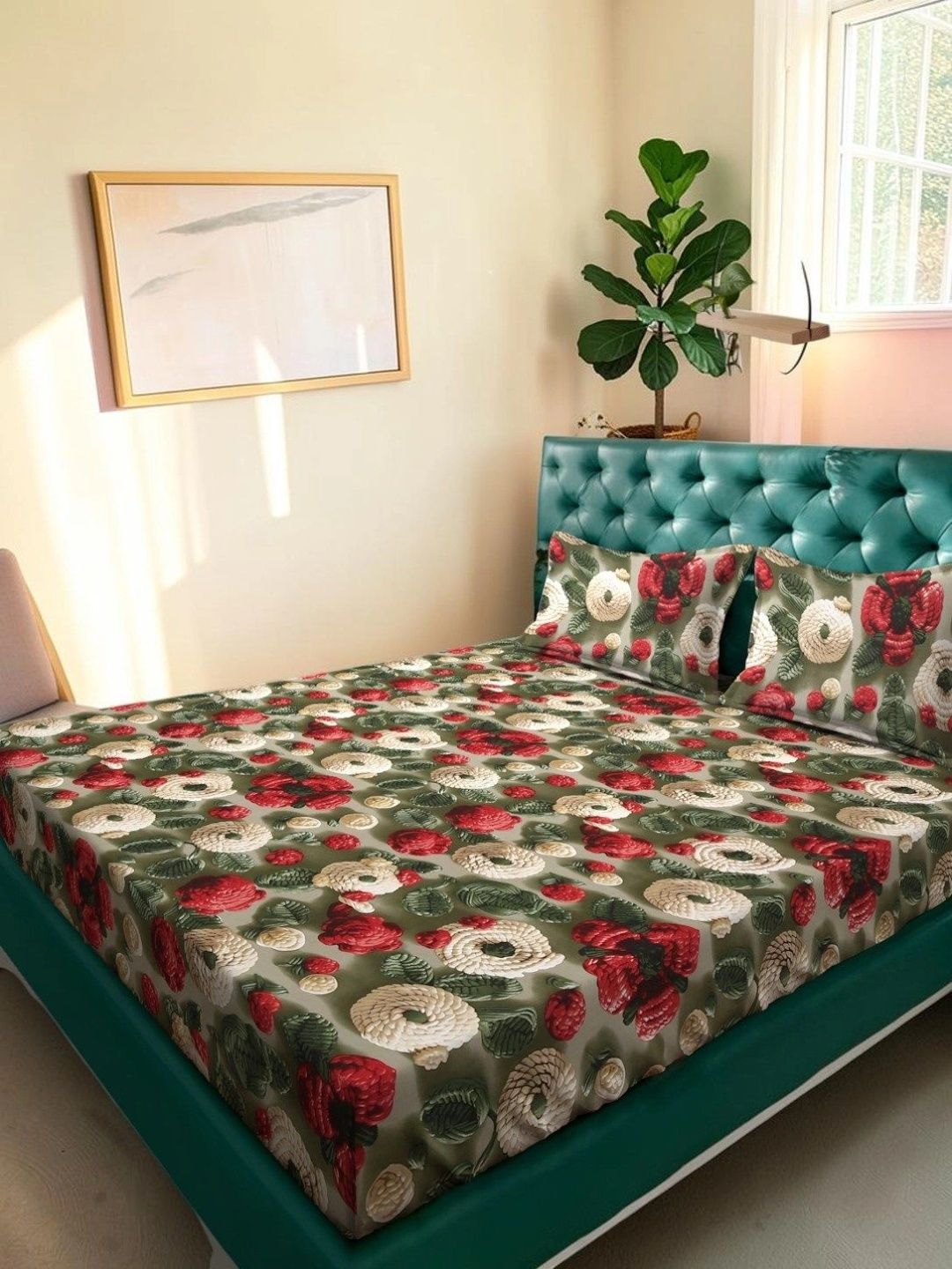 Moda Rapido X KLOTTHE Hijau & Merah Bunga 300 TC Cadar King dengan 2 Sarung Bantal