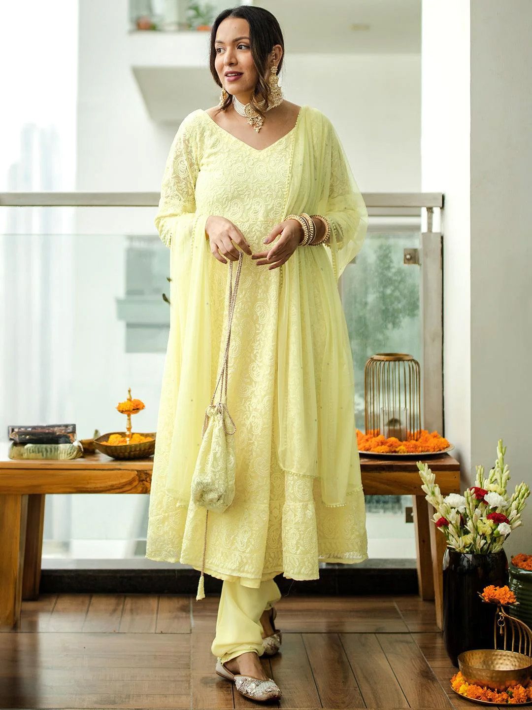 Libas Women Yellow Paisley Embroidered Thread Work Kurta with Churidar & With Dupatta