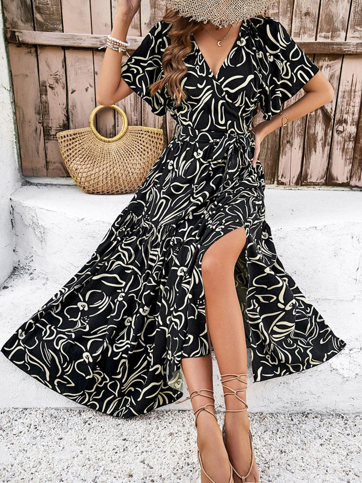 all about you Black Abstract Printed V-Neck Maxi Dresss