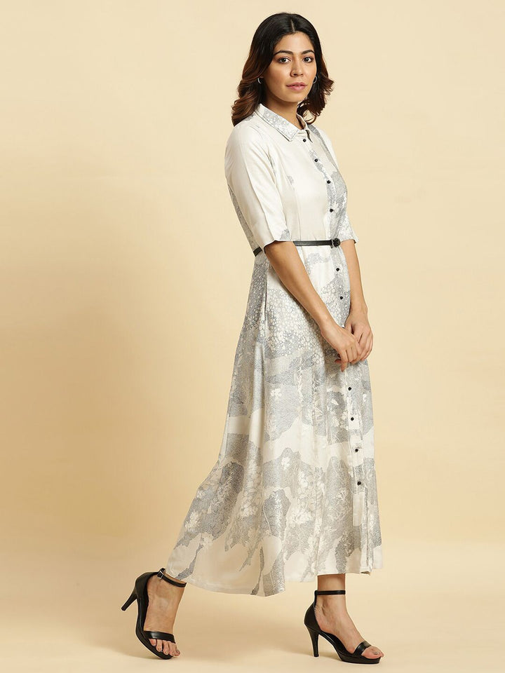 W Abstract Printed Belted Detailed Shirt Collar Shirt Style Dress