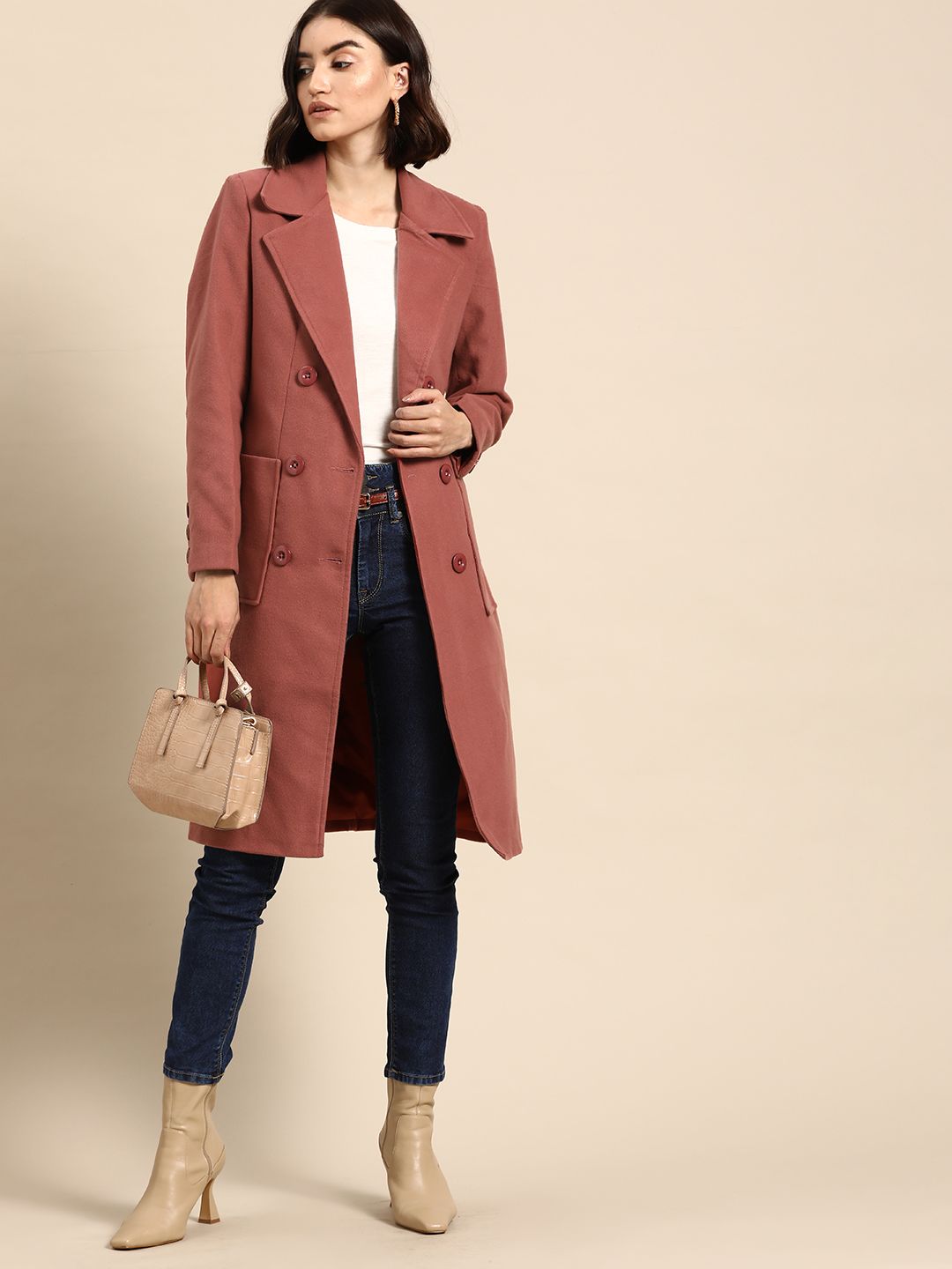 all about you Women Dusty Pink Solid Single Breasted Overcoat with Oversized Pockets