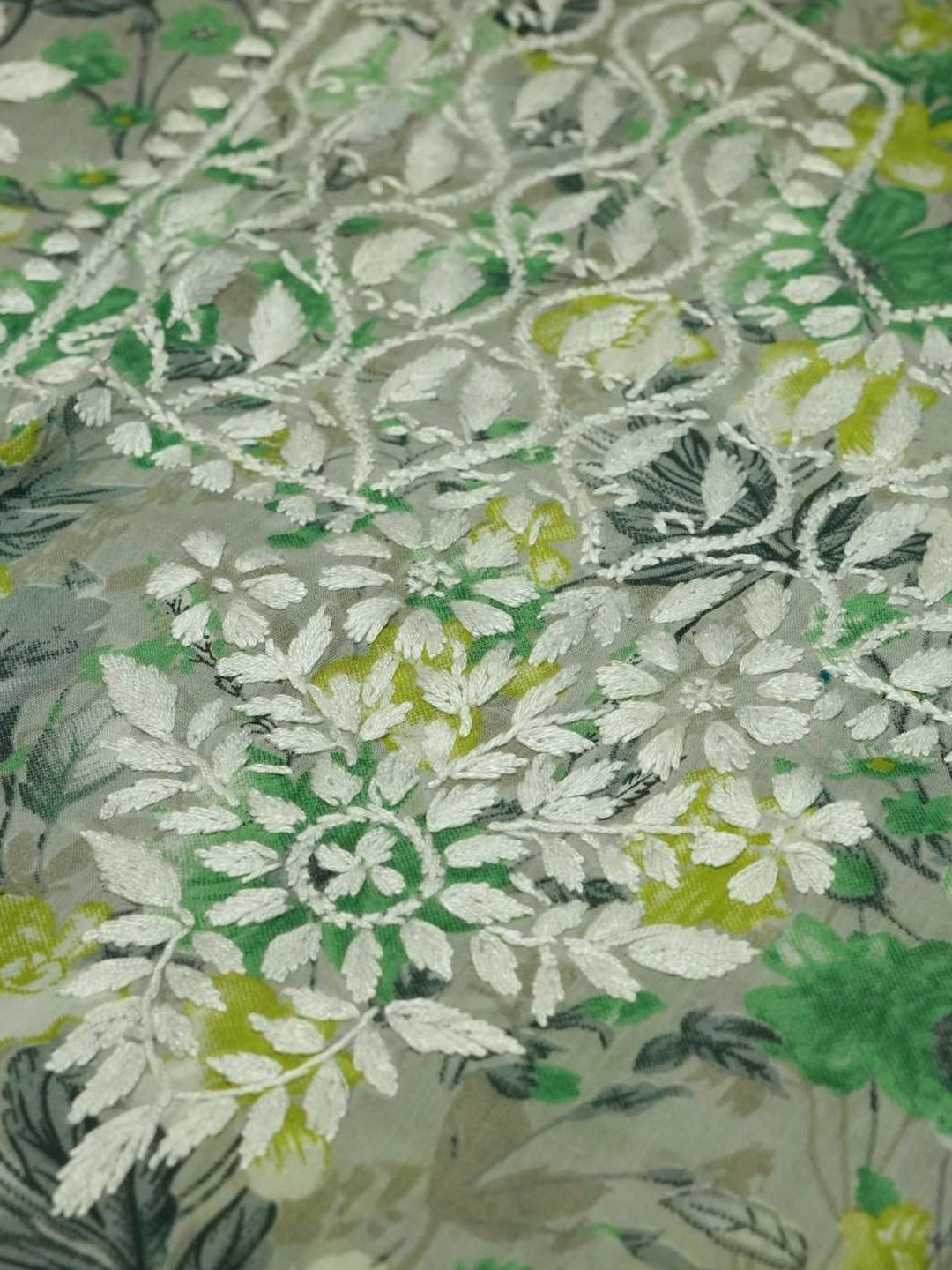 Rumah Chikankari Wanita Grey & Green Mulmul Chikankari Sulam Kurta