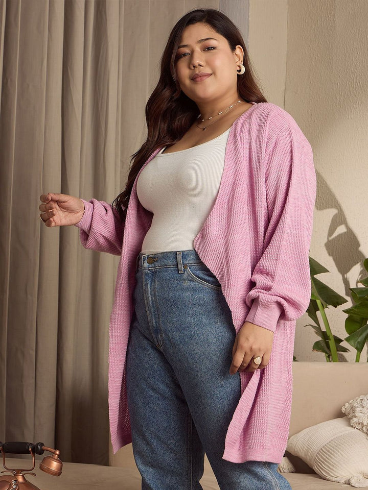 Berrylush Curve Women Plus Size Longline Self Design Open Knit Front-Open Sweaters