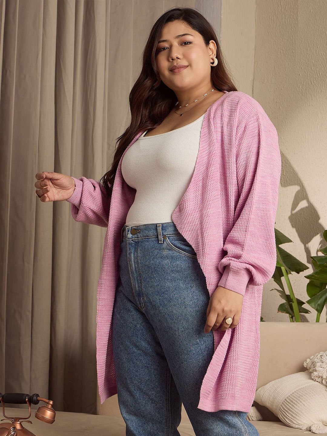 Berrylush Curve Women Plus Size Longline Self Design Open Knit Front-Open Sweaters