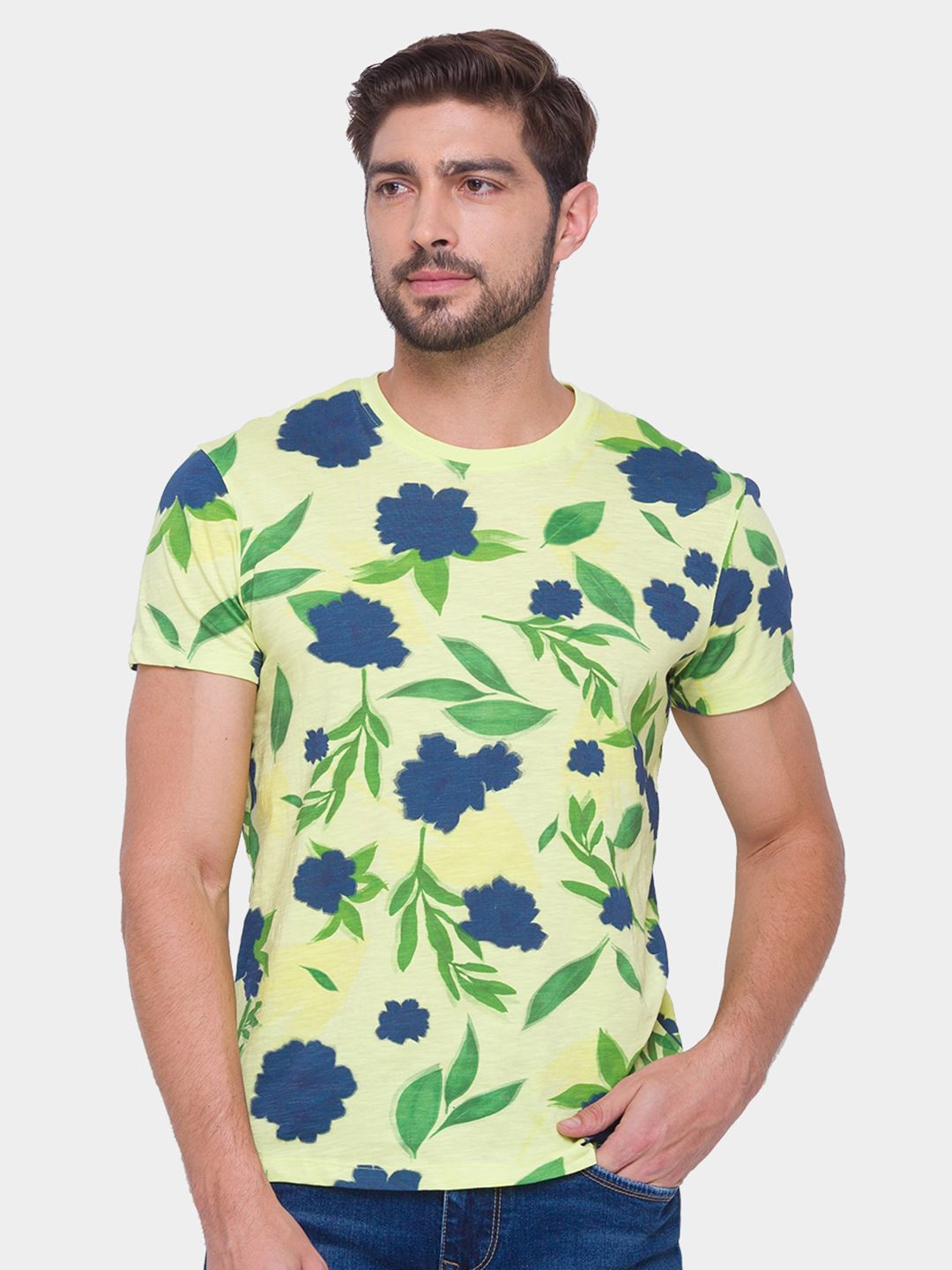 Being Human Men Yellow & Blue Floral Printed Pure Cotton T-shirt