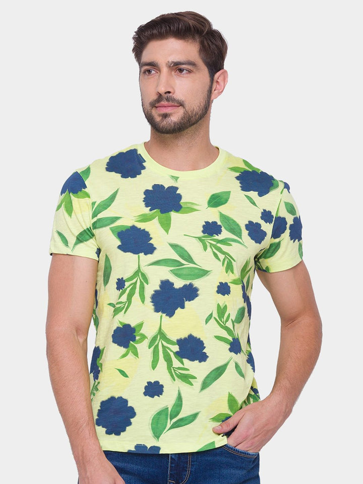 Being Human Men Yellow & Blue Floral Printed Pure Cotton T-shirt