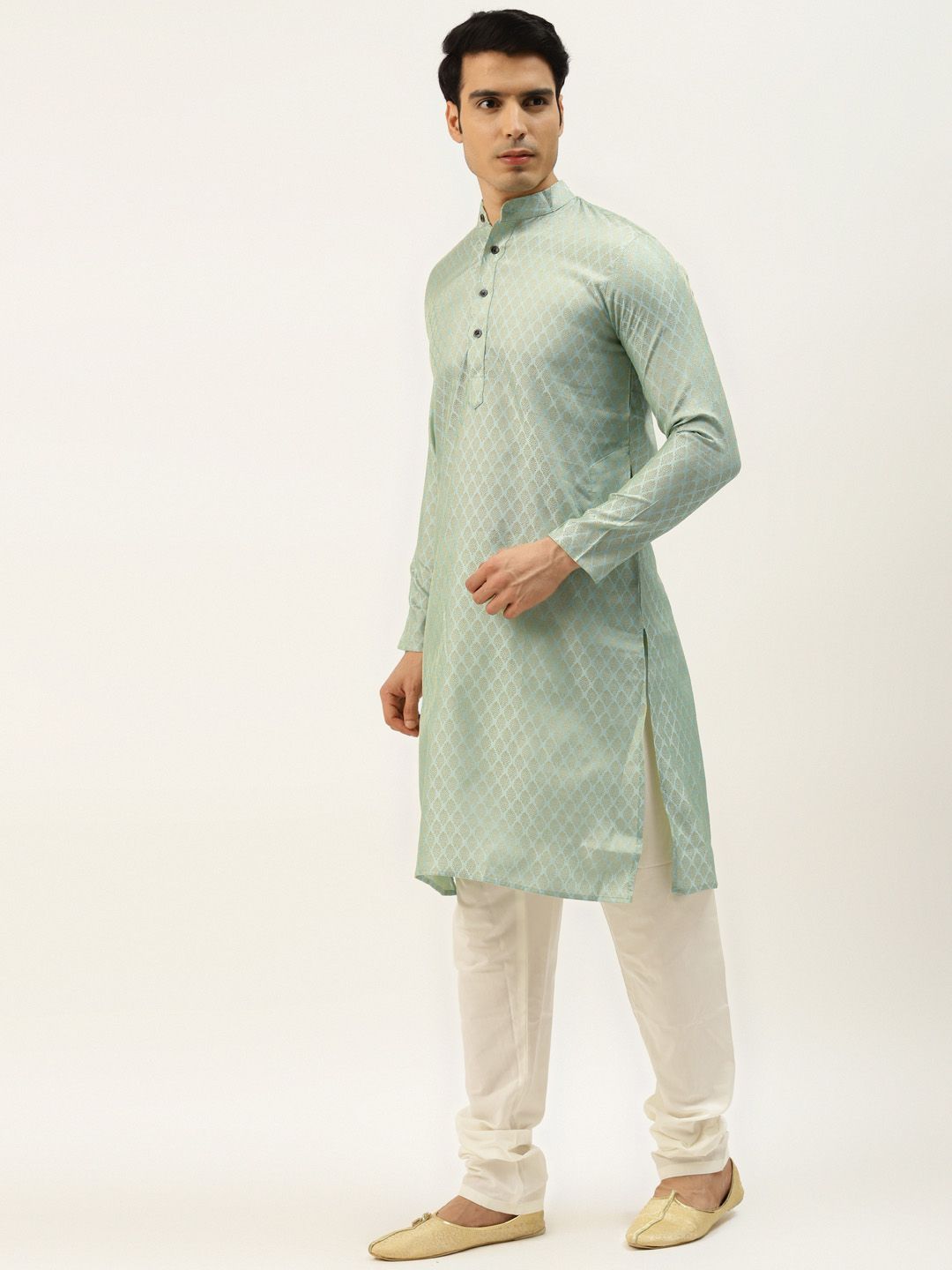 SOJANYA Men Green & Off-White Ethnic Motifs Kurta with Churidar & Nehru Jacket