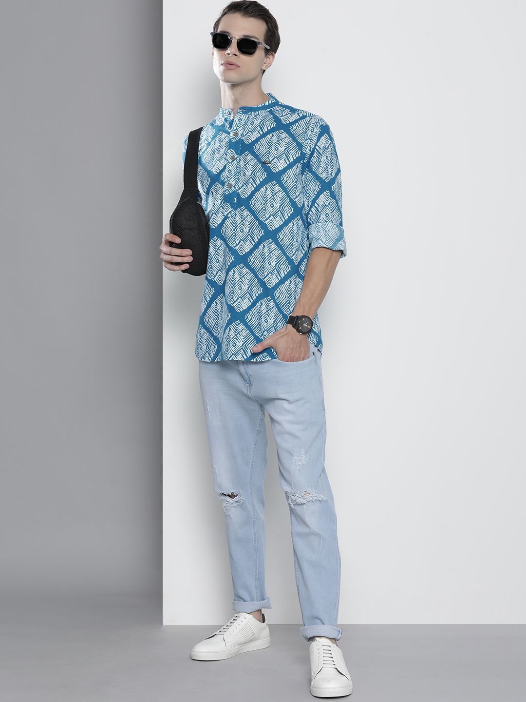 The Indian Garage Co Men Blue Printed Band Collar Cotton Casual Shirt
