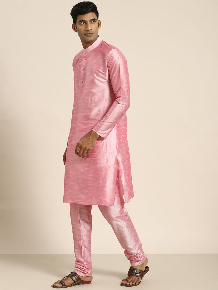 SOJANYA Men Pink Embroidered Kurta with Churidar