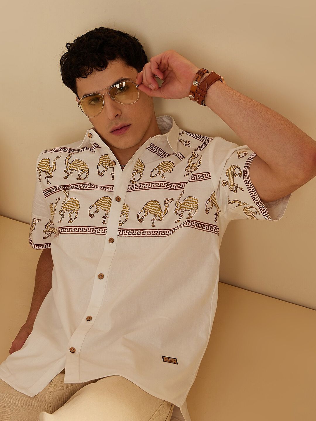 DENNISON Smart Ethnic Motifs Printed Spread Collar Oversized Cotton Casual Shirt