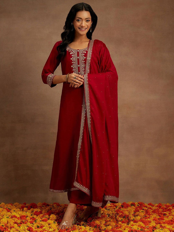 Libas Yoke Design Sequinned A-Line Kurta with Trousers & With Dupatta