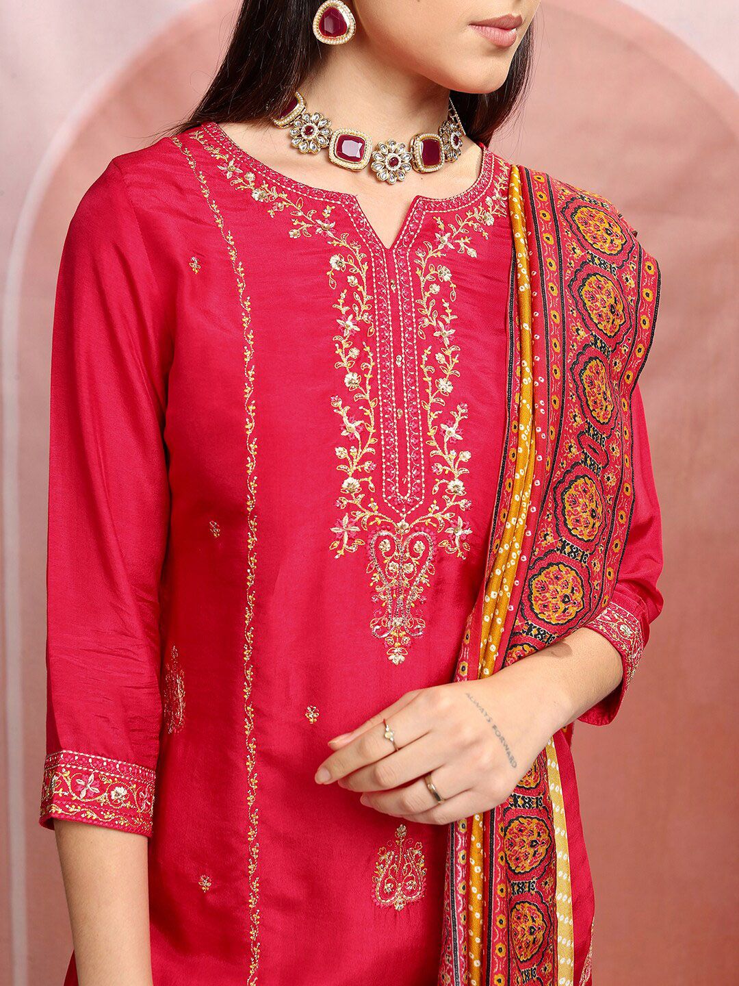Vishudh Red Ethnic Motifs Embroidered Sequinned Straight Kurta With Trousers & Dupatta