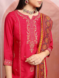 Vishudh Red Ethnic Motifs Embroidered Sequinned Straight Kurta With Trousers & Dupatta