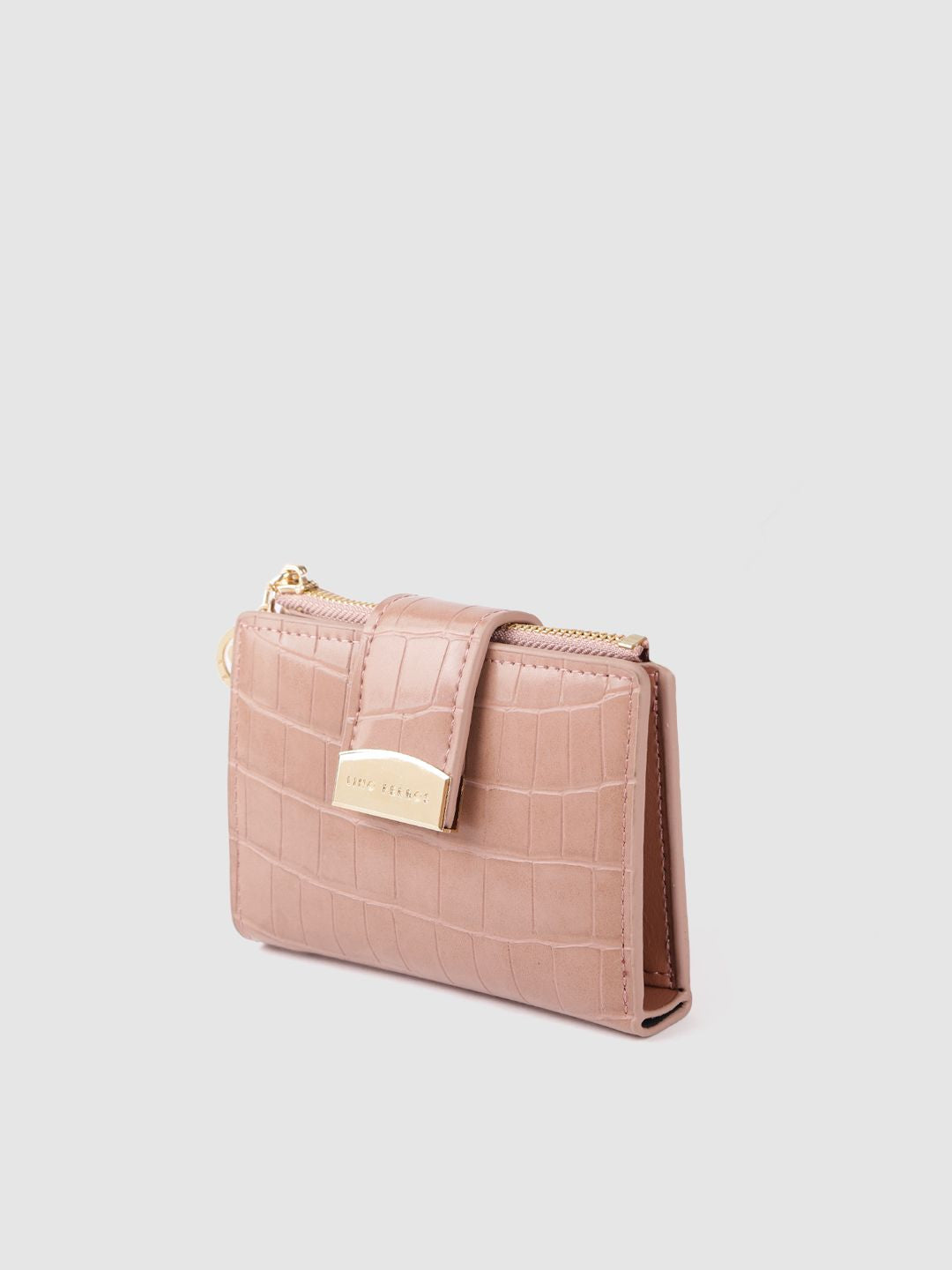 Lino Perros Women Peach-Coloured Croc Textured Two Fold Wallet