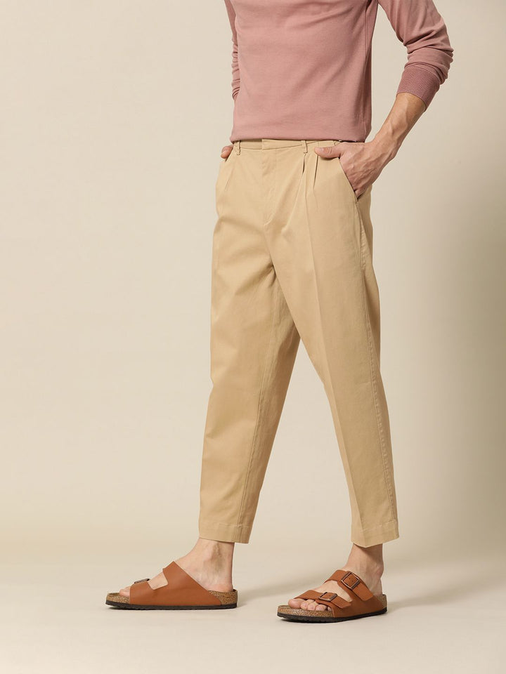 Mr Bowerbird Men Dark Beige Oversized Fit Mid-Rise Elephant Ankle Woven Pleated Trousers