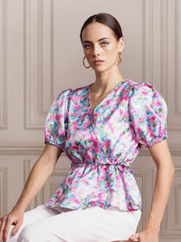 all about you Floral Print Puff Sleeve Cinched Waist Top
