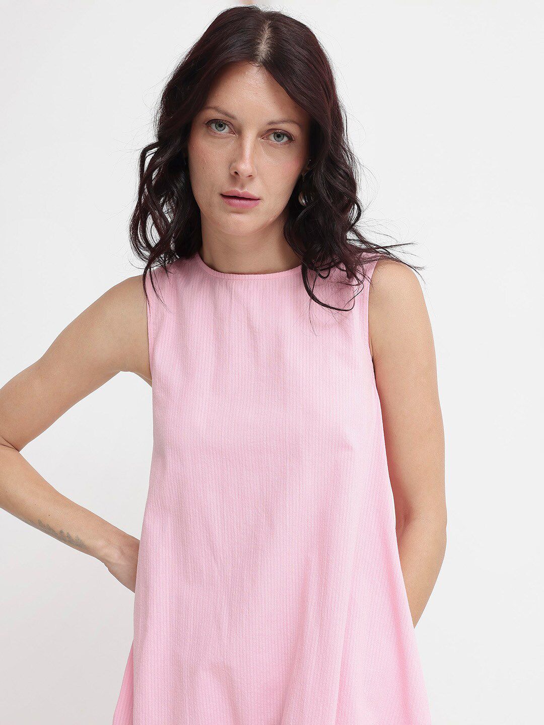 Rareism Wanita Putaran Maxi Kapas Pink Leher Pink