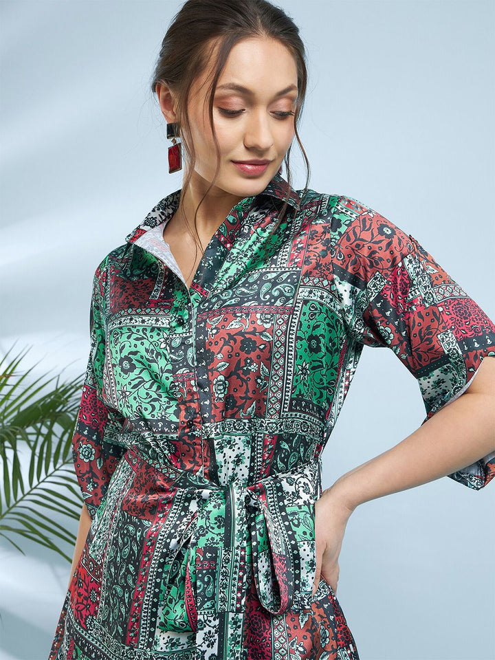 Antheaa Tropical Printed Shirt Collar Satin Fit & Flare Dress