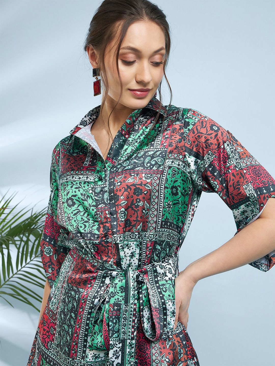 Antheaa Tropical Printed Shirt Collar Satin Fit & Flare Dress