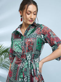 Antheaa Tropical Printed Shirt Collar Satin Fit & Flare Dress