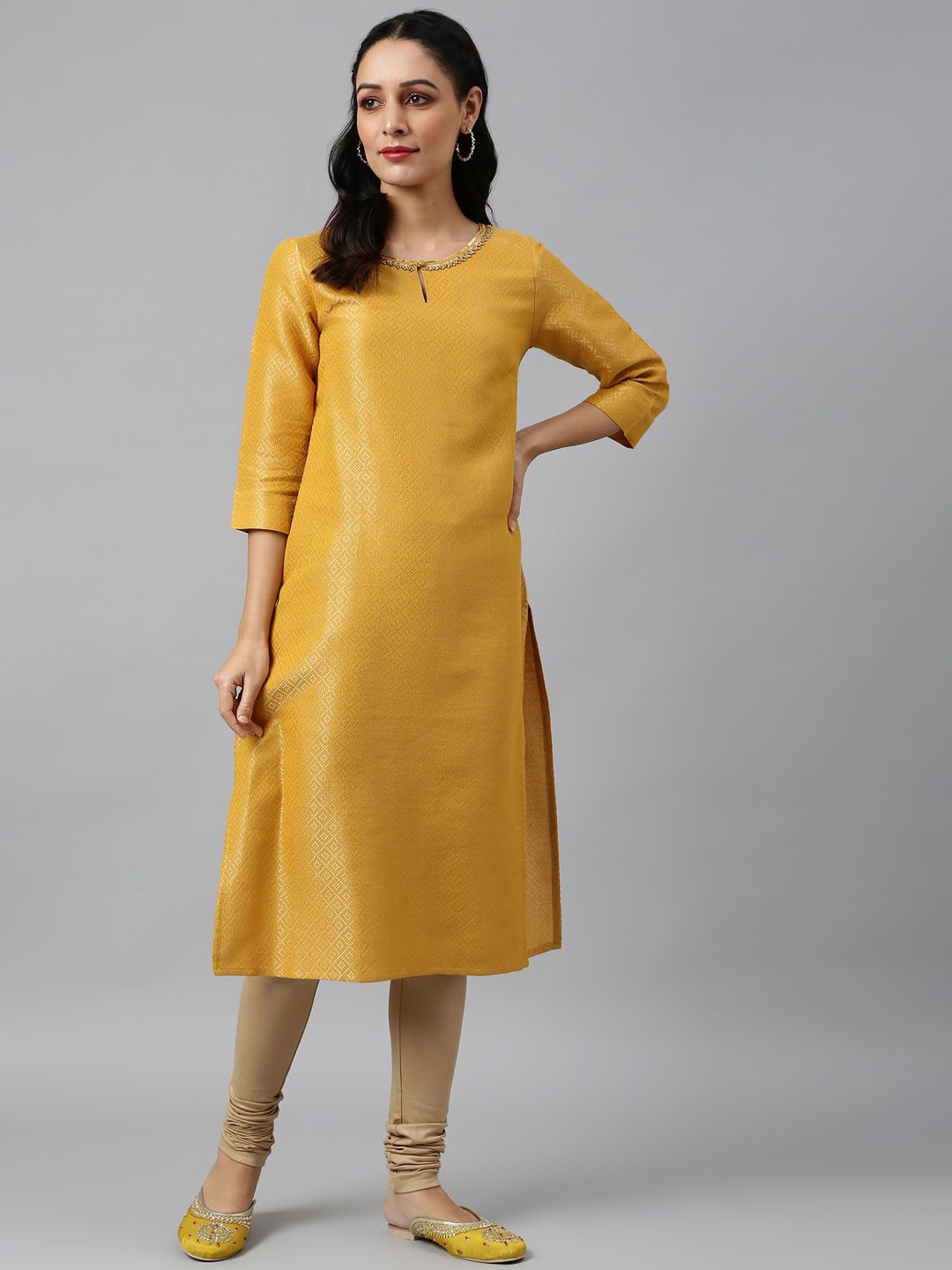 W Women Yellow Keyhole Neck Thread Work Asymmetric Kurta