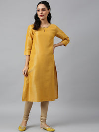 W Women Yellow Keyhole Neck Thread Work Asymmetric Kurta