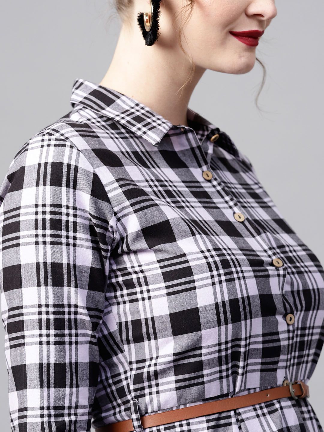 SASSAFRAS Women Black & Lavender Checked Shirt Dress