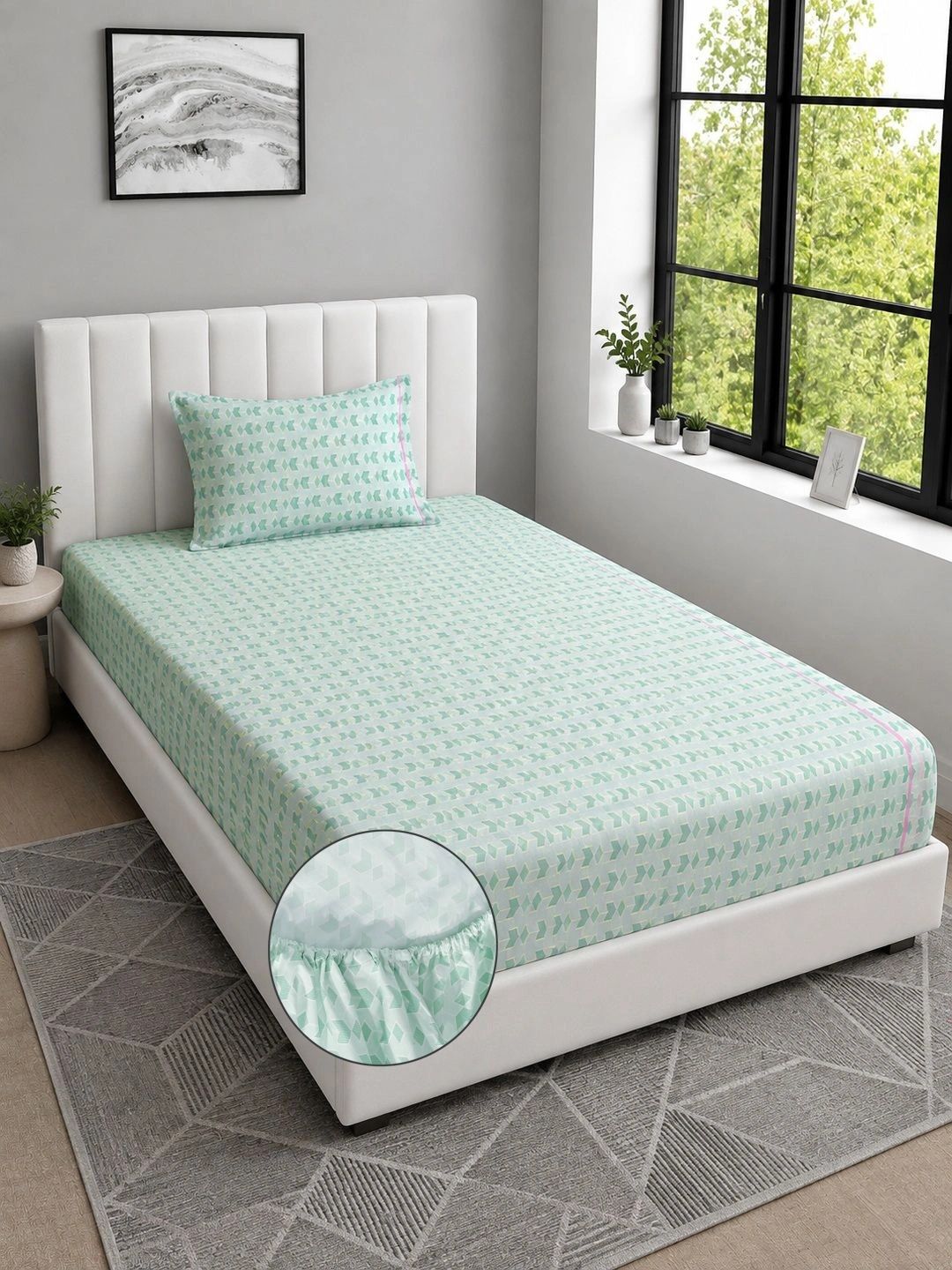Moda Rapido X KLOTTHE Green Geometric 300 TC Single Bedsheet with 1 Pillow Covers