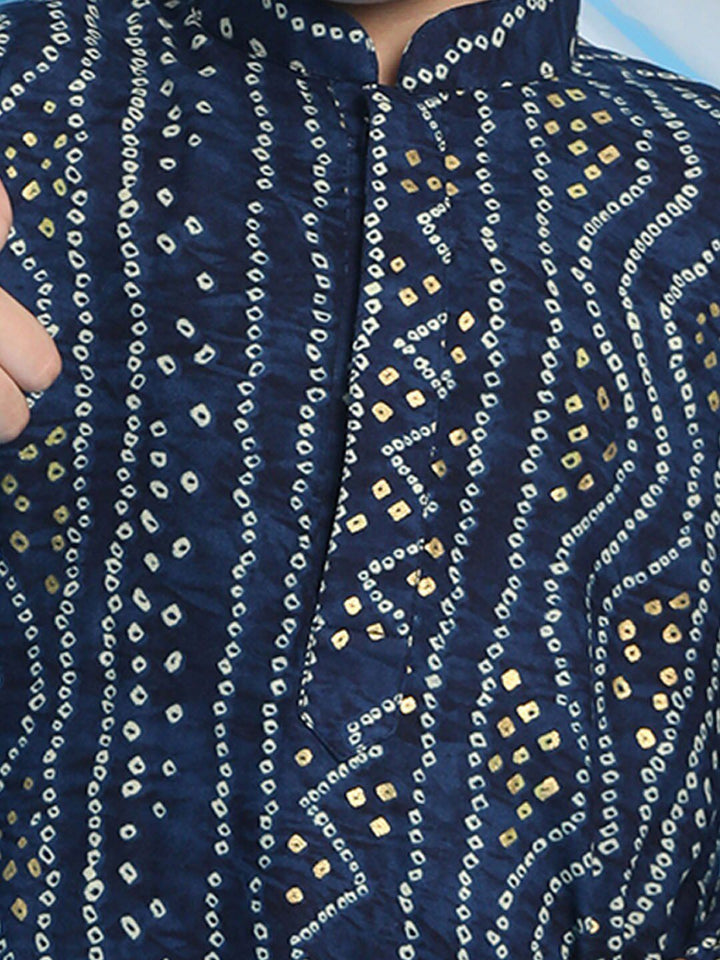 VASTRAMAY Boys Blue Bandhani Printed Kurta with Dhoti Pants