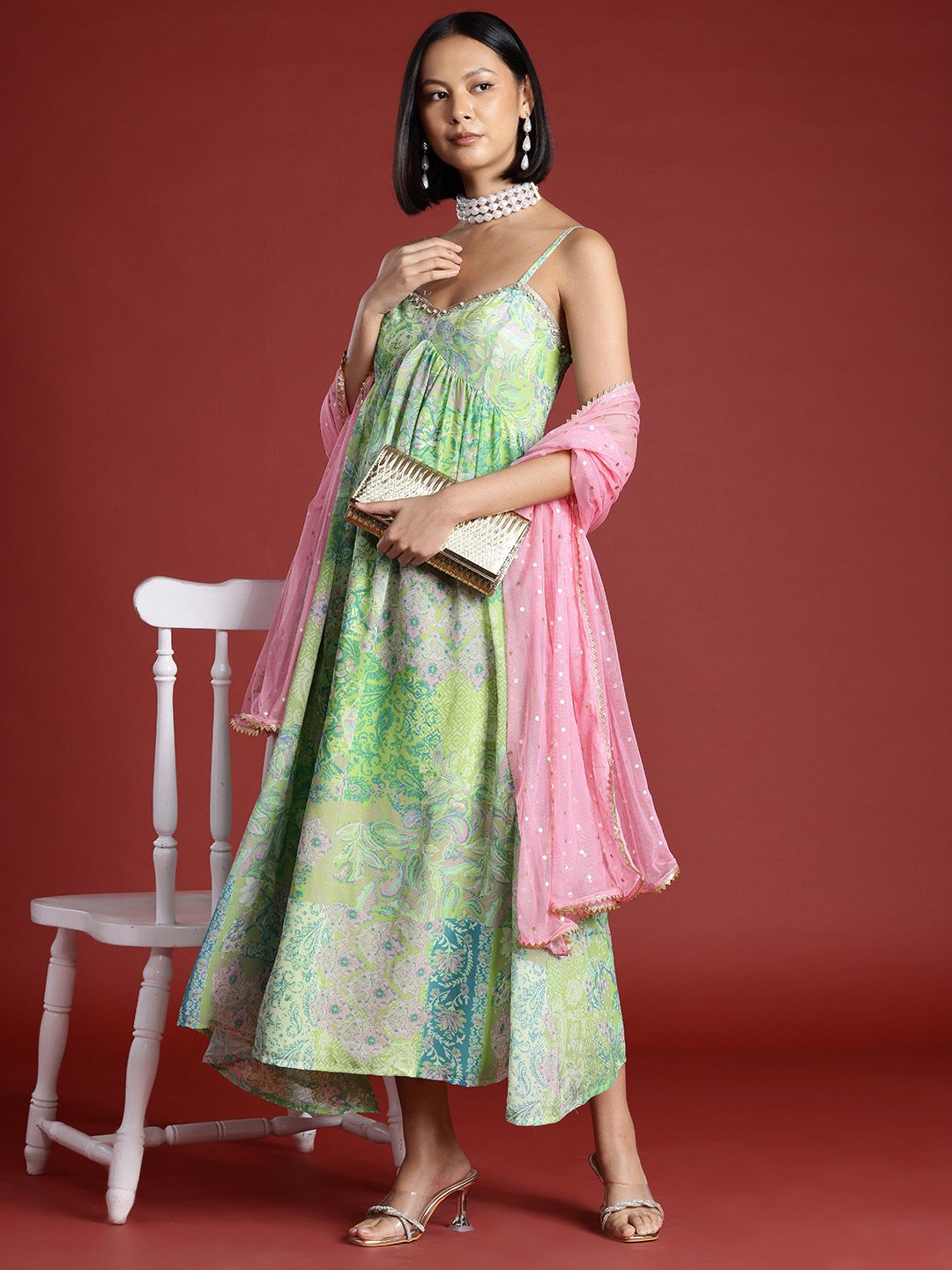 all about you Printed Ethnic Maxi Dress with Dupatta