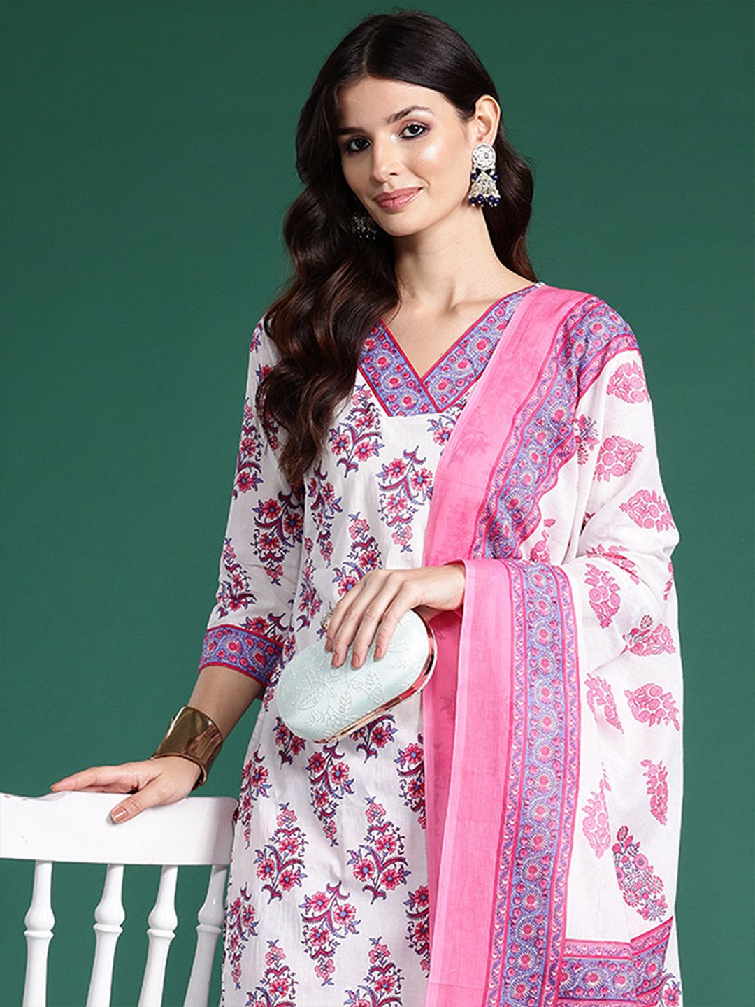 Indo Era Women Floral Printed Regular Pure Cotton Kurta with Palazzos & With Dupatta