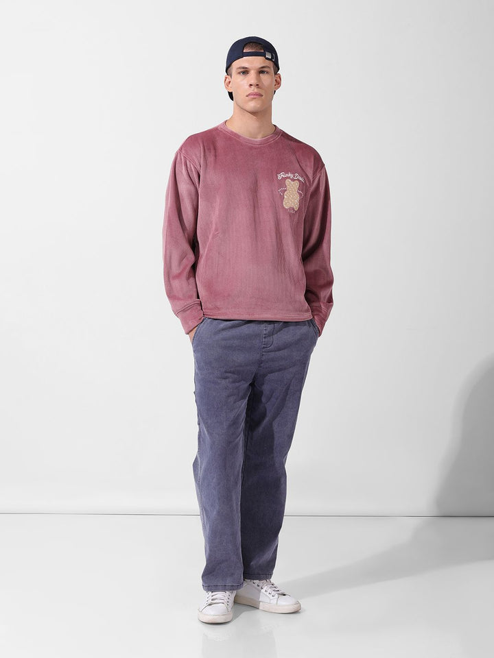 The Indian Garage Co Men Oversized Self Design Corduroy Crew Neck Sweatshirt
