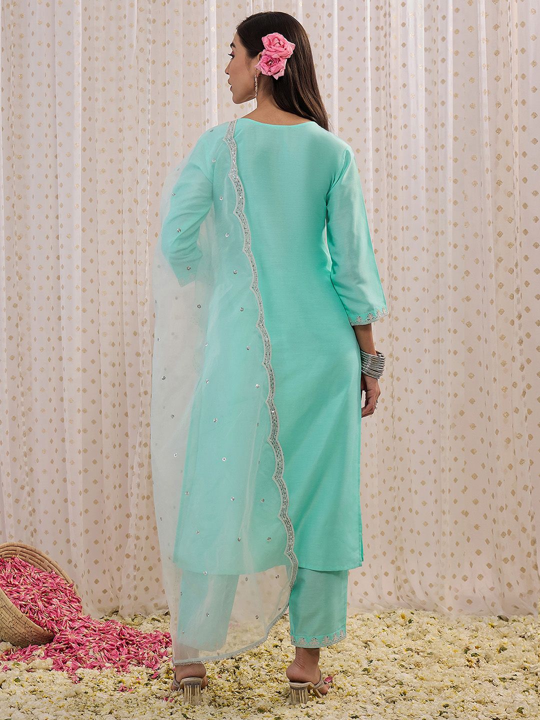 Indo Era Floral Embroidered Regular Aari Work Kurta with Trousers & With Dupatta