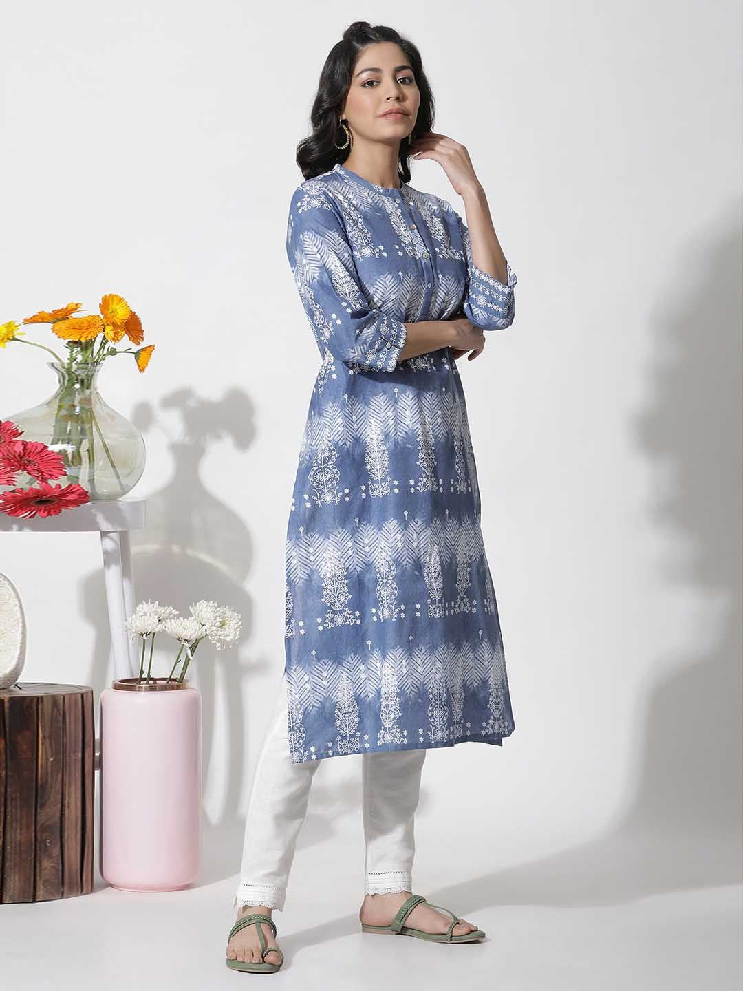 W Floral Printed Mandarin Collar Pure Cotton Straight Kurta