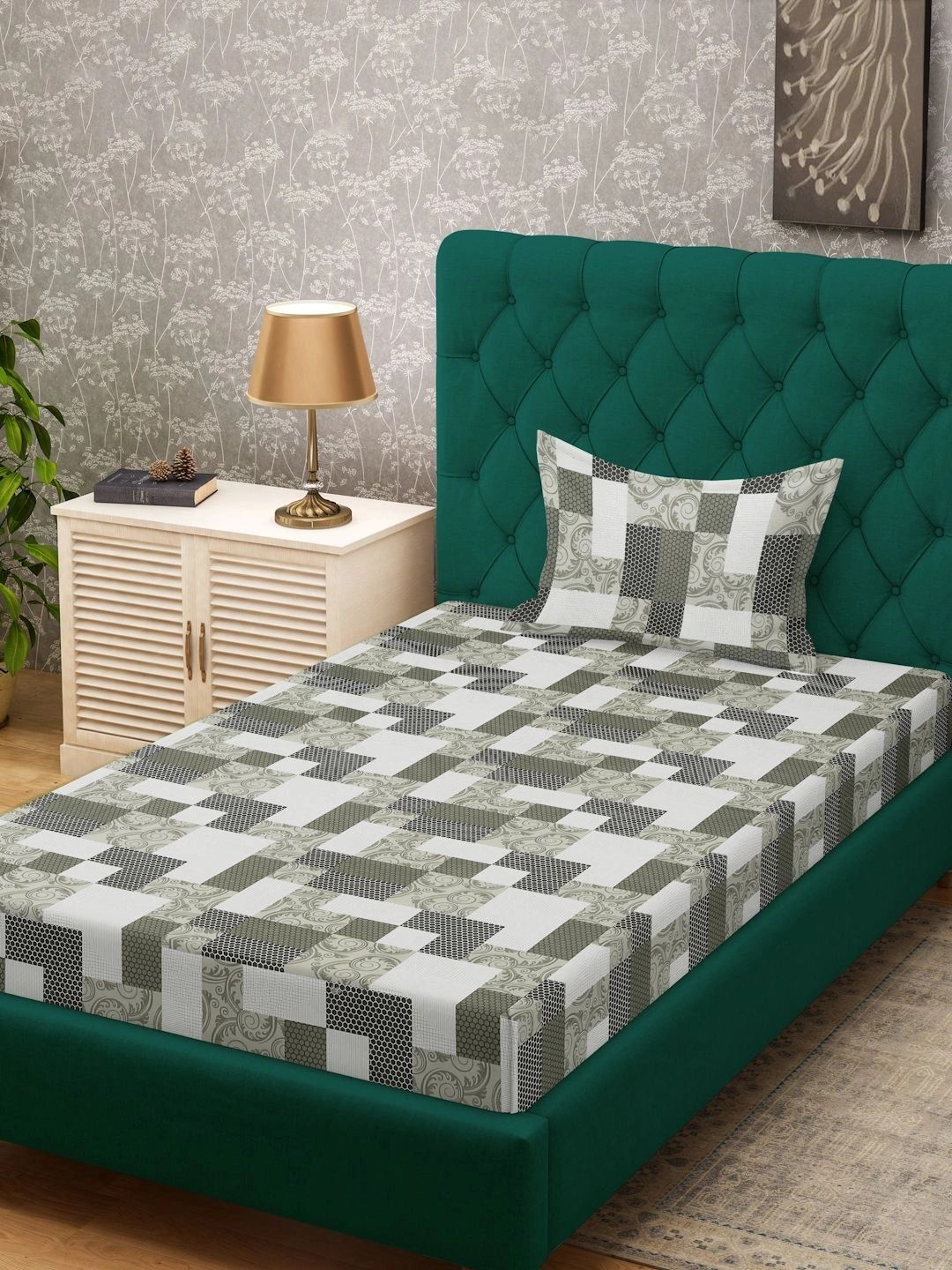 Myntra Elegant Homes Hijau Zaitun & Putih Geometrik 400 TC Cadar Tempat Tidur Single dengan 1 Sarung Bantal